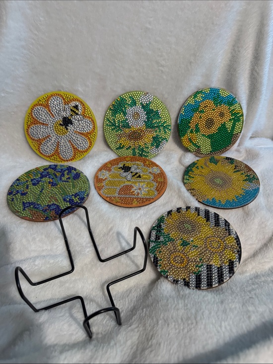 Handmade Other - Handcrafted Yellow & Green Floral Round Coasters - Set of 7